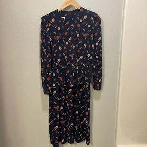 Vintage Vee Vee dark navy blue  semi sheer dress with fall leaves and fl…